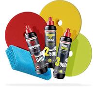 detailmate Menzerna kit de polissage: 1000 + 2500 + 3500, 250 ml avec tampons de polissage assortis: Soft (doux) + Medium + Heavy (dur) 150 mm + chiffon de polissage en microfibre 40x40 cm, 450 g/m²