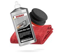 detailmate SONAX Kit de polissage à la main - SONAX Polish+Wax Color argent/gris 500ml Éponge de polissage à la main dure Ø90/50mm Chiffon de polissage en microfibre sans bords 550GSM rouge