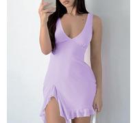 Détails à pompons sur la robe d'été à bretelles pour femme avec un col en V élégant, idéal pour les soirées en boîte (L violet)