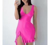 Détails à pompons sur la robe d'été à bretelles pour femme avec un col en V élégant, idéal pour les soirées en boîte (L rose rouge)