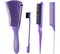 Detangling Brush for Natural Hair Afro 3a to 4c Kinky Wavy Curly with 3 Router Brush Double Edge Brush and Comb (Purple)
