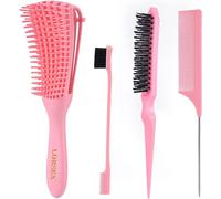 Detangling Hair Brush for Natural Hair for Afro Hair 3a to 4c-Kinky Wavy Curly Hair Brush with 3 Toupier Brushes-Double Edge Brush and Comb (Pink)