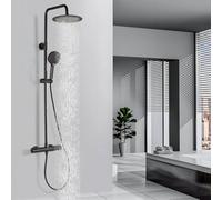 DETBOM Colonne de Douche avec Mitigeur Thermostatique Noir Ensemble de Douche en Acier Inoxydable avec Douche Pluie Ronde 25 cm et Pommeau de Douche 12cm 3 jets, Support, Flexible 1.5m, Economie d'Eau
