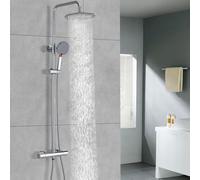 DETBOM Colonne de Douche Chromé Ensemble de Douche Thermostatique en Acier Inoxydable avec Douche Pluie Ronde 25 cm et Pommeau de Douche 12cm 3 Jets, Support, Flexible 1.5m, Economie d'Eau