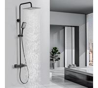 DETBOM Colonne de Douche Noir, Ensemble Douche Salle Bain en Acier Inoxydable à Hauteur Réglable avec Pomme Douche Carrée en Acier Inoxydable de 25 cm et Douchette à Main Silicone 3 Fonctions