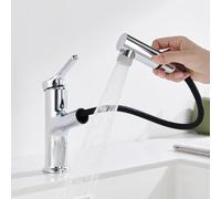 DETBOM Robinet Salle Bain avec Douchette Extractible à 2 Modes, Mitigeur Lavabo, Robinets à Levier Unique, Adapté pour Lavabo à Poser, Aérateur Amovible, Eau Chaude et Froide, Sans Plomb, Chromé