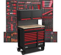 DeTec. Chariot à Outils XXXL | Servante d'atelier 11 tiroirs 9 remplis | Établi Mobile avec Plateau en Bois | Armoire à Outils Roulant et Bien remplie d'outils