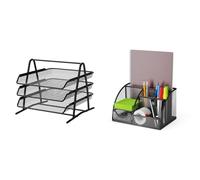 Detectalia Plateau Organisateur de Bureau et de Documents 3 Niveaux Noir. Dossier A4 & Organisateur de Bureau et Porte-stylos avec tiroir et 6 Compartiments en Maille métallique Noire.