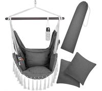 DETEX® Fauteuil suspendu jusqu'à 150kg avec porte-bouteilles Style Boho Résistant aux intempéries Jardin Rotation 360° Anthracite Chaise suspendue Intérieur & Extérieur Coussin