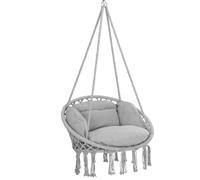 DETEX® Fauteuil suspendu jusqu'à 150kg Style Boho Résistant aux intempéries Certifié GS Jardin Pivotant à 360° Gris Chaise suspendue Intérieur & Extérieur Coussins confortables inclus