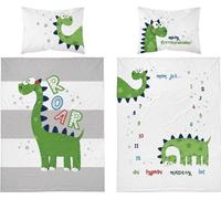 Detexpol Linge de lit en bambou 100x135 Dinosaures blanc gris-vert rayé 3527 A Dino drap de lit double face Taie d'oreiller 40x60 6091