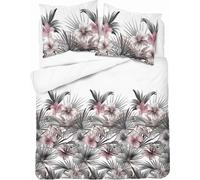 Detexpol Satin linge de lit 220x200 Blanc avec feuilles de palmier et hibiscus rose - style tropical, 100% coton - 5479 B - Home Satin 71