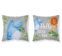 Detexpol Taie d'oreiller en coton 40x40 Hello Little One hippo lion caméléon gris réversible PSBA 16 A Mayamoo 26