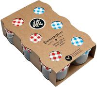 DETI Pot de conservation 230ml avec couvercle Twist-off Ø82mm 3 x carreaux rouge/blanc 3 x carreaux bleu/blanc sans PVC Blue Seal 6er Tray