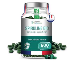 DETOX ORGANICA Spiruline Bio - 500mg par jour - 600 Comprimés Spiruline Bio - Complément Alimentaire Riche en Protéines, Antioxydants, Fer et Phycocyanine - Agriculture Biologique Controlée