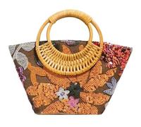 DETPWVWB Sac seau en paille à paillettes en PVC de qualité supérieure for femme - Sac de plage brodé en lin et bambou(Orange)