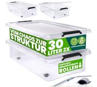 DEUBA® 2x Boîte de rangement 30L en plastique transparent empilable sans BPA gain de place caisse de rangement roulettes