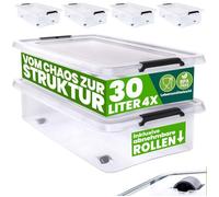 DEUBA® 4x Boîte de rangement 30L en plastique transparent empilable sans BPA gain de place caisse de rangement roulettes