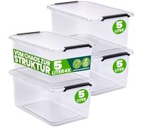 DEUBA 4x Boîte de rangement 5L en plastique transparent empilable sans BPA gain de place caisse de rangement organiseur