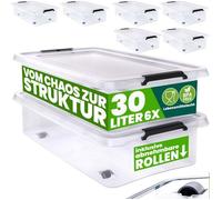 DEUBA® 6x Boîte de rangement 30L en plastique transparent empilable sans BPA gain de place caisse de rangement roulettes
