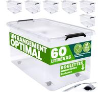 DEUBA® 6x Boîte de rangement 60L en plastique transparent empilable sans BPA gain de place caisse de rangement roulettes