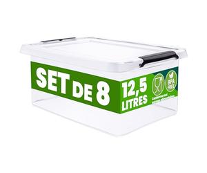 Deuba® 8x Boîte de rangement 12,5L en plastique transparent empilable sans BPA gain de place caisse de rangement organiseur