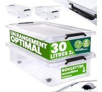 Deuba Boîte de Rangement 2X 30 L | plastique, empilable, roulettes, transparent, résistant, caisse de rangement, sans BPA, avec couvercle et charnières poignées