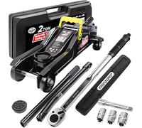 DEUBA® Cric hydraulique 2 tonnes Plat levée 85-330mm Valise Rangement Patins cric Extra Bas clé dynamométrique 6pcs 40-210Nm Voiture Basse citadine