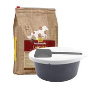 deukavallo Leinvital Kit de nourriture pour cheval - Graines de lin Mash sans céréales 6 kg + bol de 5 l avec couvercle et cuillère à mash - Nourriture digestive pour chevaux sensibles et changement