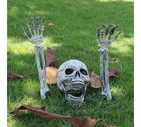 Deuson Lot de 3 décorations d'Halloween - Tête de mort - Squelette d'horreur - Pierre tombale d'Halloween - Squelette réaliste avec crâne et mains - Pour pierre tombale - Cour, carnaval et fête