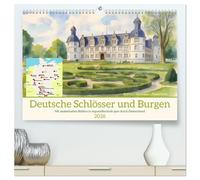 Deutsche Schlösser und Burgen (hochwertiger Premium Wandkalender 2026 DIN A2 quer), Kunstdruck in Hochglanz: Mit zauberhaften Bildern in Aquarelltechnik quer durch Deutschland