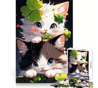 Deux adorables Chats avec des trèfles Puzzle de 1000 pièces pour Adolescents Détente intellectuelle et Relaxation Bords précis Joli Cadeau (38x52cm)