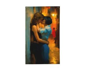 Deux amantes embrassant des drapeaux sombres de cour de cour, bannière de vœux de saison avec œillets, décoration d'intérieur ou d'extérieur