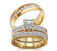 Deux bagues de mariage pour elle et lui - Bagues pour femme - En or noir et blanc - Avec zircone cubique blanche - Ensemble de bagues de fiançailles et alliances en titane pour homme