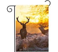 Deux Cerfs Au Lever Du Soleil En Automne, En Forêt, Dans Un Paysage Sauvage Et Naturel. Bannière Décoratif Drapeau Résistant Aux Intempéries Drapeaux Pour Jardin Extérieur Bar 30X45Cm