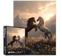 Deux chevaux se tiennent en confrontation - Puzzle de 1 000 pièces pour adultes - Fond de coucher de soleil sur la montagne - Puzzle artistique - Jeux d'activités familiales - Puzzle coloré pour