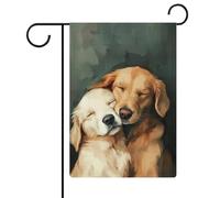 Deux chiots Golden Retriever Drapeaux de jardin câlins en toile de jute saisonnière double face pour maison, cour, extérieur 30,5 x 45,7 cm