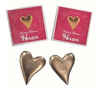 Deux cœurs dorés de 3,5 x 4,5 cm en bronze massif comme cadeau de mariage, pour les couples pour les mariés ou comme petit cadeau pour les amis chers