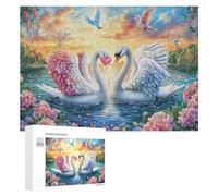 Deux cygnes avec cœur Rose et Oiseaux Volants Puzzle 300 Pièces pour Famille Soirée Puzzle Résolution De Problèmes Cadeau pour Cohésion 300 PCS