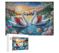 Deux cygnes avec des cœurs Rouges sur Le lac éclairé par la Lune Puzzle 300 Pièces pour Adultes Jeu De Table Intérieur Réduction du Stress Cadeau pour Maison 300 PCS