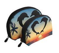 Deux Dauphins sautant en Forme de Coeur, Trousse de Maquillage Coquille Femme Petit Porte-Monnaie Trousse de Toilette Trousse à cosmétiques 2 pièces