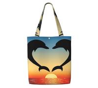 Deux dauphins sautant en forme de cœur，Sacs d'épicerie réutilisables, sacs fourre-tout de grande capacité, sac à bandoulière en toile