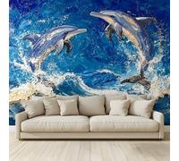 Deux dauphins sautant hors de l'eau Papier Peint Panoramique Papier Peint Intissé Poster Geant Mural Personnalisé 3D Peinture Murale Tv Pour Salon Chambre Décoration Murale 350(H) x 256(L) cm