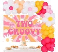 Deux décorations d'anniversaire Groovy Girl - Hippie Boho Groovy Backdrop Hot Pink Daisy Flower Balloon Guirland Arch Kit, Pastel Colorful Balloons for Groovy Retro 2nd Birthday Party Supplies