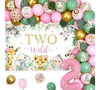 Deux décorations d'anniversaire sauvages pour fille, décorations de fête rose safari 2e anniversaire, deux arrière-plans sauvages et arc de ballons rose et vert sauge pour animaux de la forêt, ballons