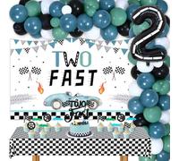 Deux décorations rapides du 2e anniversaire pour garçons de 2 ans, thème voiture de course 2e anniversaire fournitures de fête - Kit de guirlande de ballons vintage bleu vert à carreaux