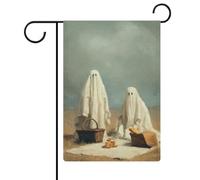 Deux fantômes avec paniers de pique-nique Drapeau de jardin vintage Vacances saisonnières en toile de jute double face Maison cour Drapeaux extérieurs 30,5 x 45,7 cm
