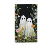 Deux fantômes mignons avec des fleurs pour maison de cour, bannière de vœux avec œillets, décoration d'intérieur ou d'extérieur