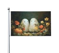 Deux fantômes mignons dans des fleurs vintage, bannière de vœux avec œillets, décoration d'intérieur ou d'extérieur, 91 x 152 cm