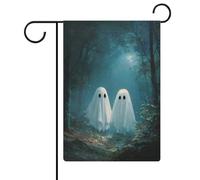 Deux fantômes mignons dans les bois sombres drapeau de jardin saisonnier vacances toile de jute double face maison cour drapeaux extérieur 30,5 x 45,7 cm